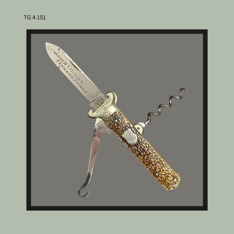 Victorian Folding Sportsman’s Corkscrew Knife, Jigged Stag-Effect Scales, Harrison Brothers & Howson Sheffield, England, c.1890–1910