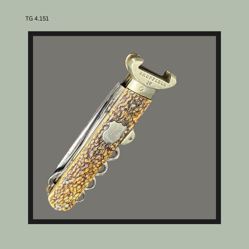 Victorian Folding Sportsman’s Corkscrew Knife, Jigged Stag-Effect Scales, Harrison Brothers & Howson Sheffield, England, c.1890–1910