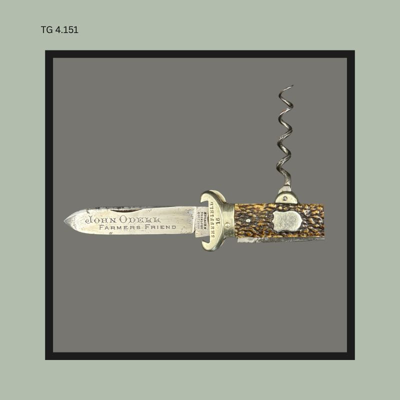 Victorian Folding Sportsman’s Corkscrew Knife, Jigged Stag-Effect Scales, Harrison Brothers & Howson Sheffield, England, c.1890–1910