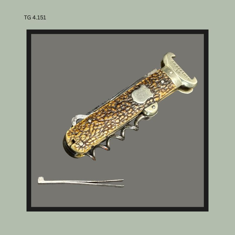 Victorian Folding Sportsman’s Corkscrew Knife, Jigged Stag-Effect Scales, Harrison Brothers & Howson Sheffield, England, c.1890–1910