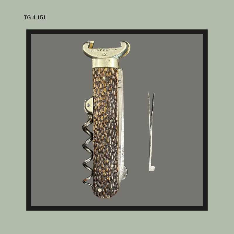 Victorian Folding Sportsman’s Corkscrew Knife, Jigged Stag-Effect Scales, Harrison Brothers & Howson Sheffield, England, c.1890–1910