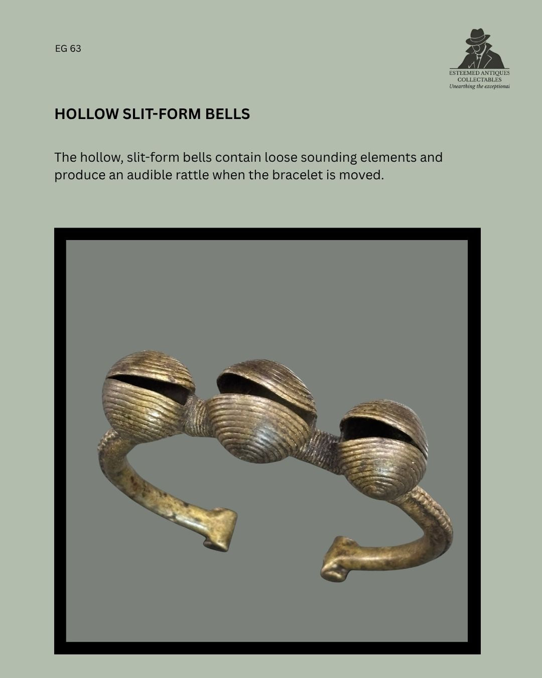 Detail of a West African copper-alloy bracelet showing three hollow, ribbed slit-form bells containing loose sounding elements.