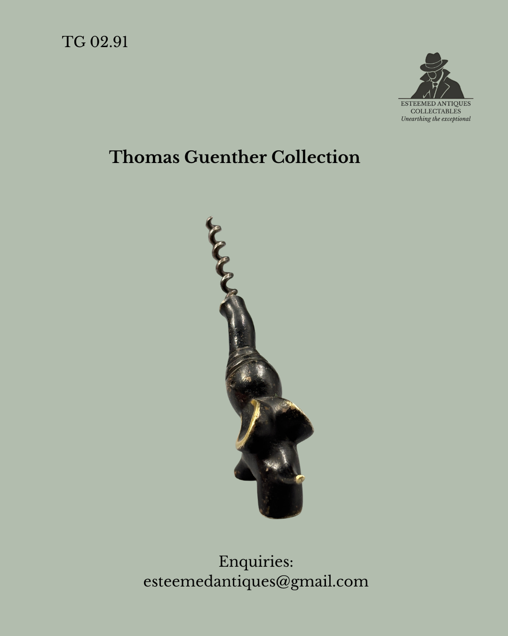 Mid-century Austrian brass elephant corkscrew in Hagenauer style with cast form and original patinated finish.