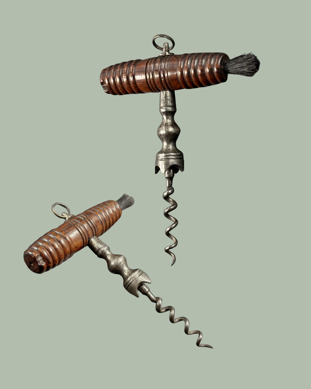 English Georgian Corkscrew with early cork gripper and side brush. Circa 1800 to 1830