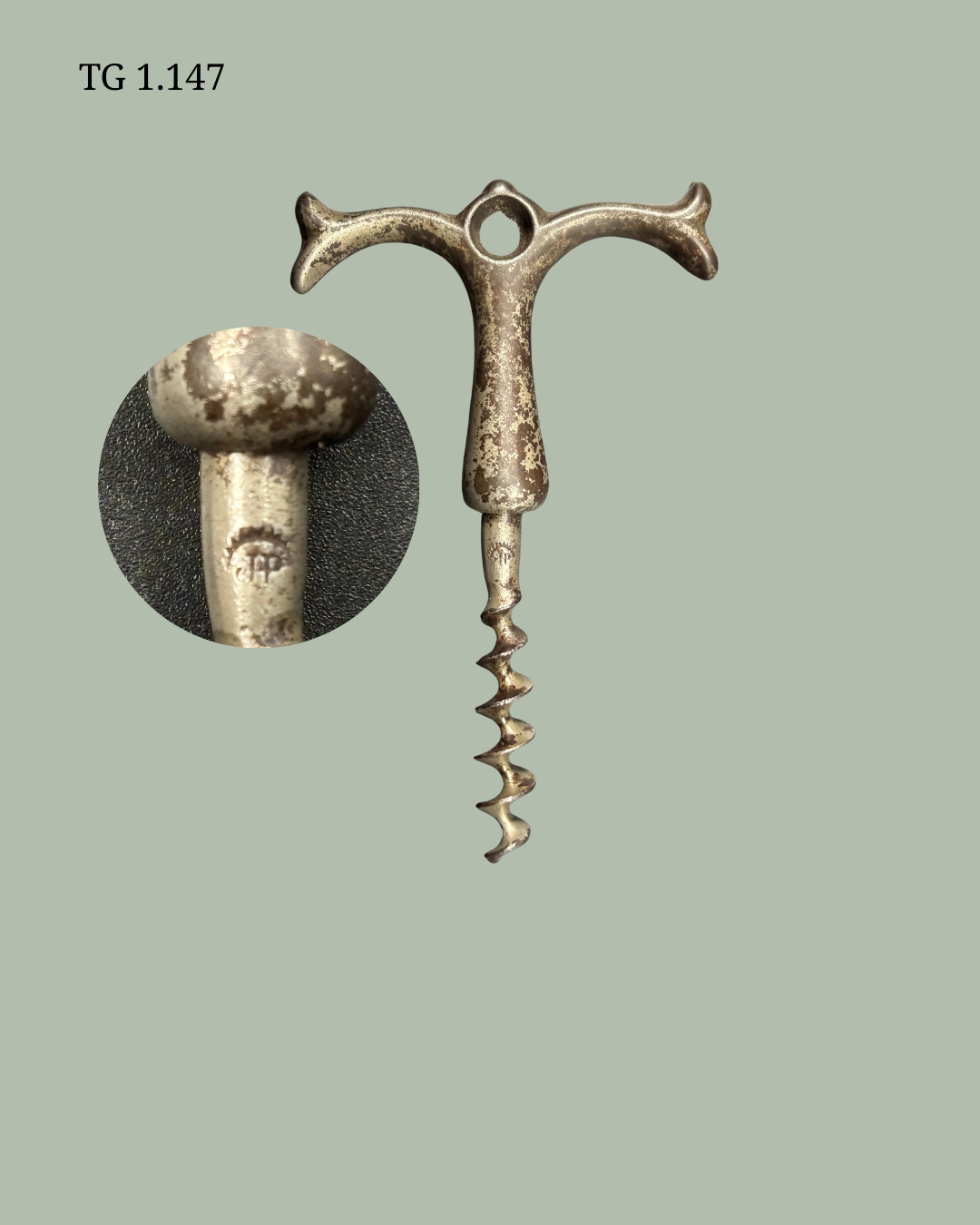 Perille Clawfoot handle corkscrew with bulbed shank, Marked JP