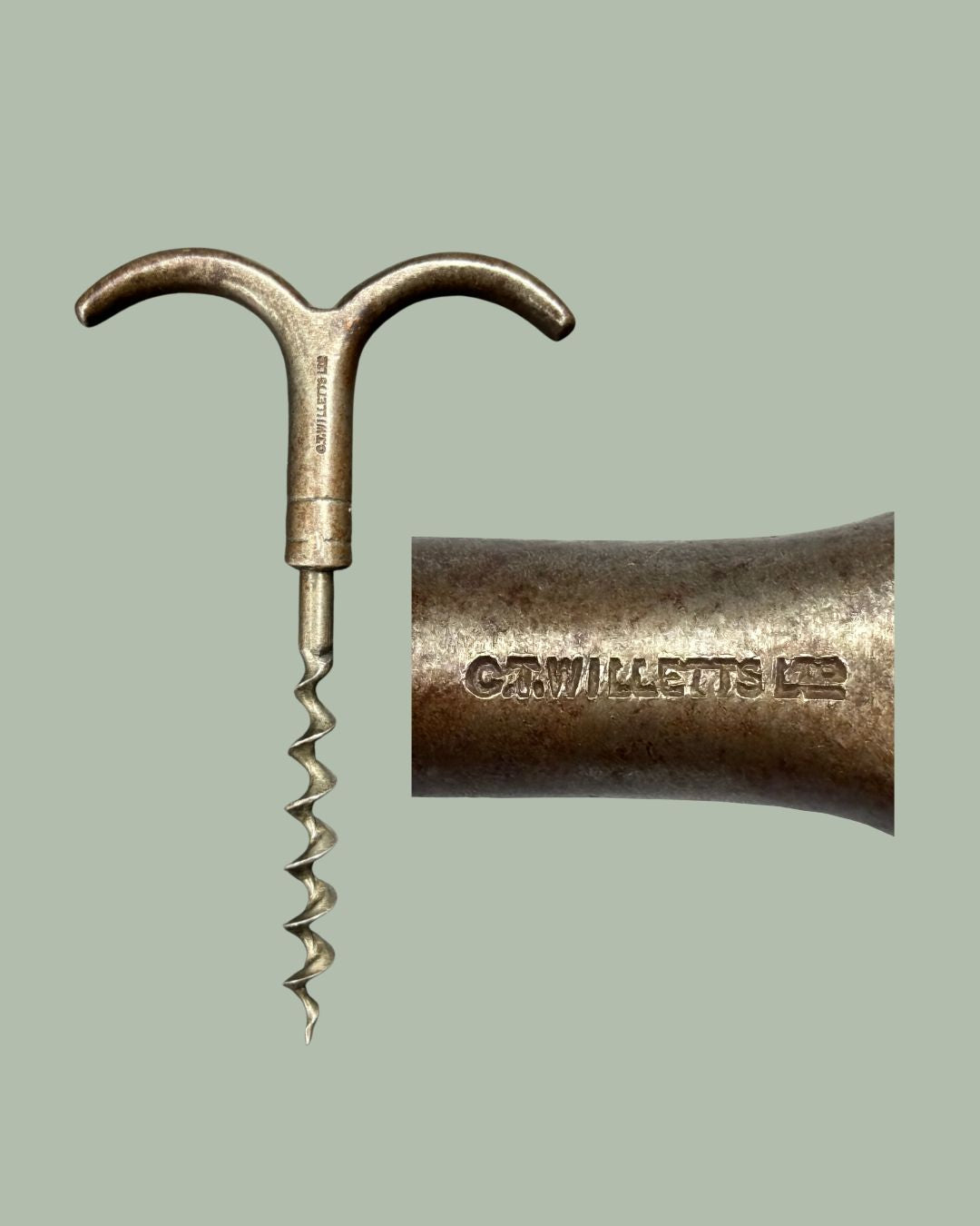 English Eyebrow Corkscrew Birmingham, Cast body marked C.T. Willetts LTD. 20th century circa 1910 to 1930