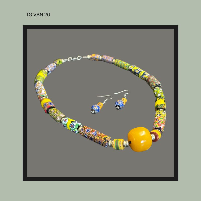 Venetian Millefiori Trade Bead Necklace with Phenolic Amber Centre, Italy, Glass and Resin  TG VNB 20
