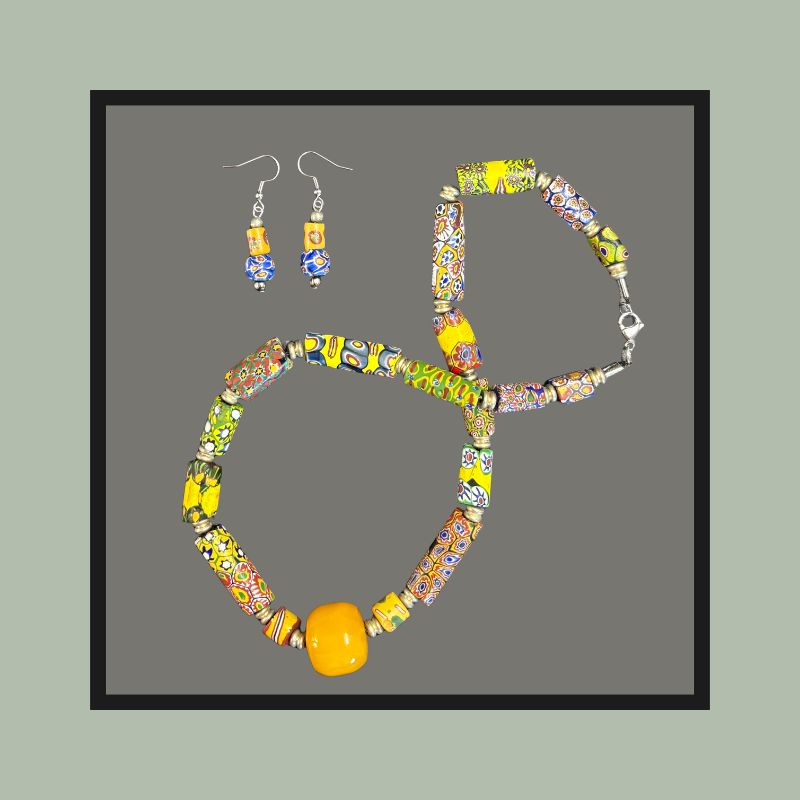 Venetian Millefiori Trade Bead Necklace with Phenolic Amber Centre, Italy, Glass and Resin  TG VNB 20