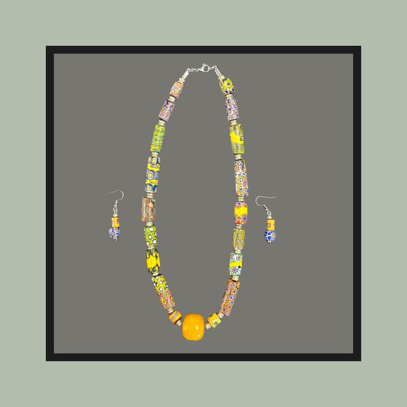 Venetian Millefiori Trade Bead Necklace with Phenolic Amber Centre, Italy, Glass and Resin  TG VNB 20