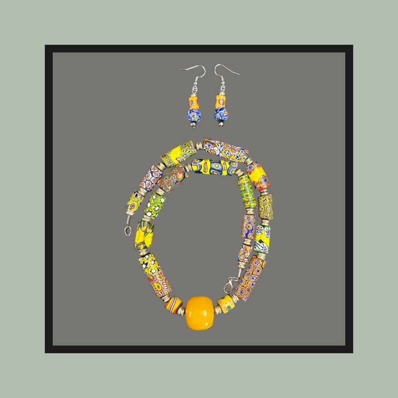 Venetian Millefiori Trade Bead Necklace with Phenolic Amber Centre, Italy, Glass and Resin  TG VNB 20