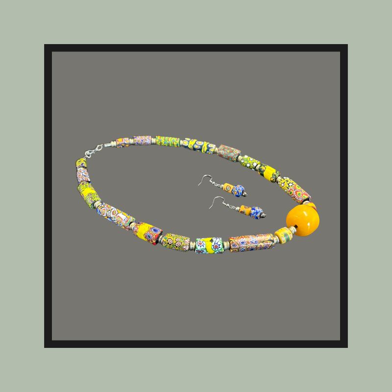 Venetian Millefiori Trade Bead Necklace with Phenolic Amber Centre, Italy, Glass and Resin  TG VNB 20