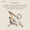 English Victorian steel Pullezi concertina corkscrew by James Heeley & Son, showing pivoted scissor arms, an oval finger ring, exposed worm and stamped THE PULLEZI lettering.
