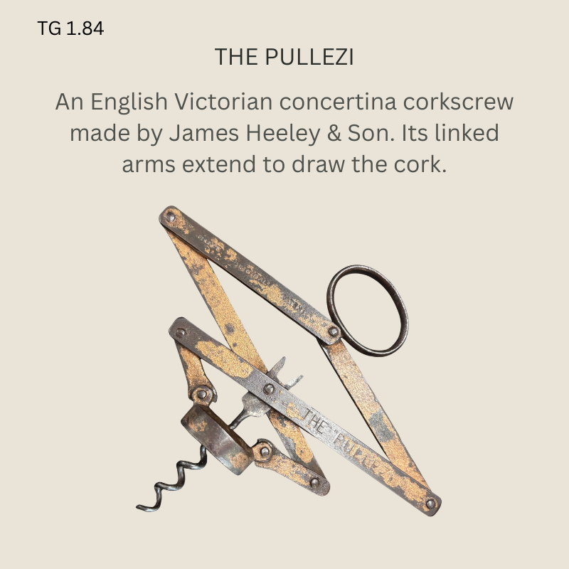 English Victorian steel Pullezi concertina corkscrew by James Heeley & Son, showing pivoted scissor arms, an oval finger ring, exposed worm and stamped THE PULLEZI lettering.