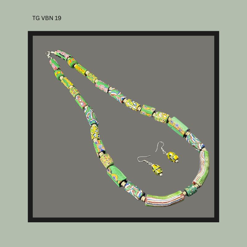 Antique Venetian millefiori glass trade beads, restrung as a necklace with earrings, 65 cm.