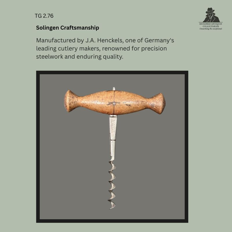 J.A. Henckels straight pull corkscrew with turned wooden T-handle and steel worm, manufactured in Solingen, Germany, circa 1895–1915, illustrating the firm's precision cutlery craftsmanship.