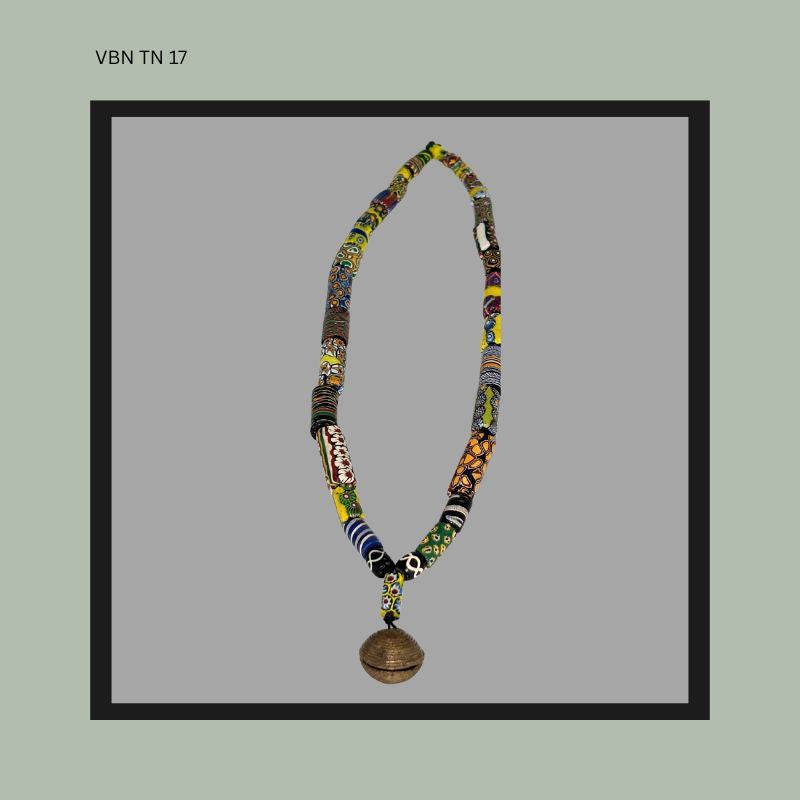 Rare antique Venetian trade bead Necklace paired with authentic Akan lost-wax bell