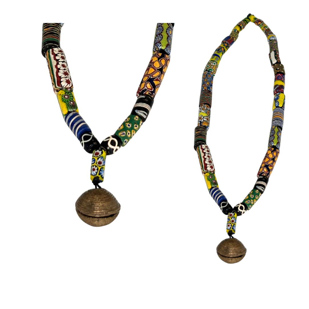 Rare antique Venetian trade bead Necklace paired with authentic Akan lost-wax bell