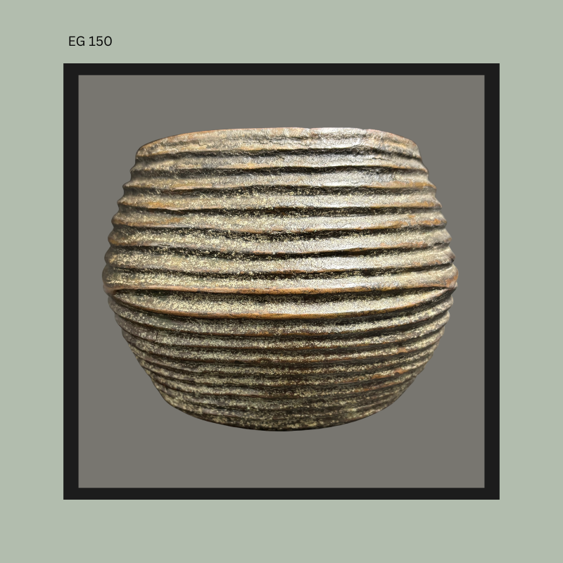 Hand-built African ceramic vessel with heavily ribbed horizontal surface decoration and rounded form, displaying dark earthenware firing tones and textured finish, from the Egon Guenther Collection.