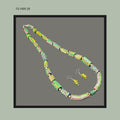 Necklace composed of assorted African trade beads including millefiori and striped wound glass examples in green, yellow, blue, and multicoloured patterns, accompanied by a matching pair of bead earrings in ethnographic jewellery style.