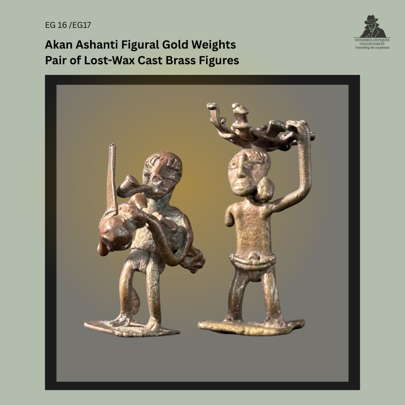 Pair of Akan Ashanti figural gold weights from Ghana, cast in brass using the lost-wax technique, depicting a basket bearer and a machete bearer standing on integral bases, from the Egon Guenther Collection by family descent to the Thomas Guenther Collection.