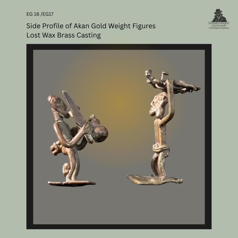 Side profile view of two Akan Ashanti figural gold weights cast in brass using the lost-wax process, showing a basket bearer balancing a load on the head and a machete bearer carrying a broad blade over the shoulder, illustrating the sculptural modelling and profile details of these Ghanaian gold trade weights from the Egon Guenther Collection.