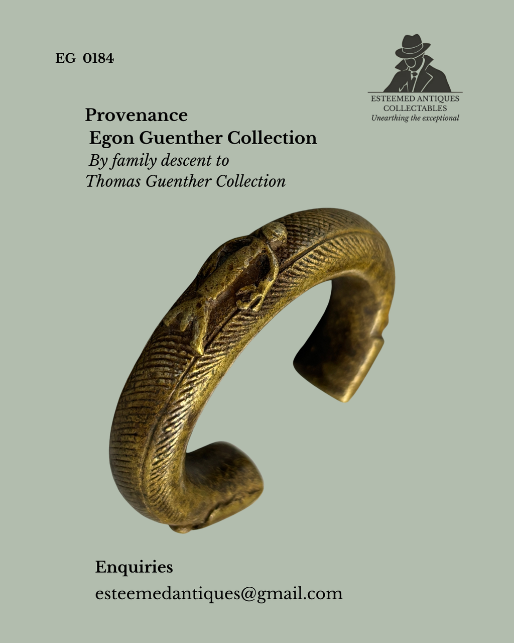 Akan cast brass currency bracelet with an applied leopard figure, decorated with incised geometric bands and produced using the lost-wax casting technique, Ghana, from the Egon Guenther Collection by family descent to the Thomas Guenther Collection.