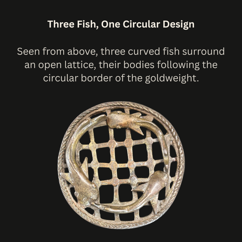 Overhead view of an Akan brass openwork object showing three curved fish around a square lattice within a twisted-cord border, from the Egon Guenther Collection.