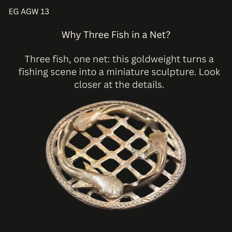 Circular Akan brass openwork object with three curved fish over a net-like lattice and a twisted-cord border, shown against black beneath the heading “Why Three Fish in a Net?”