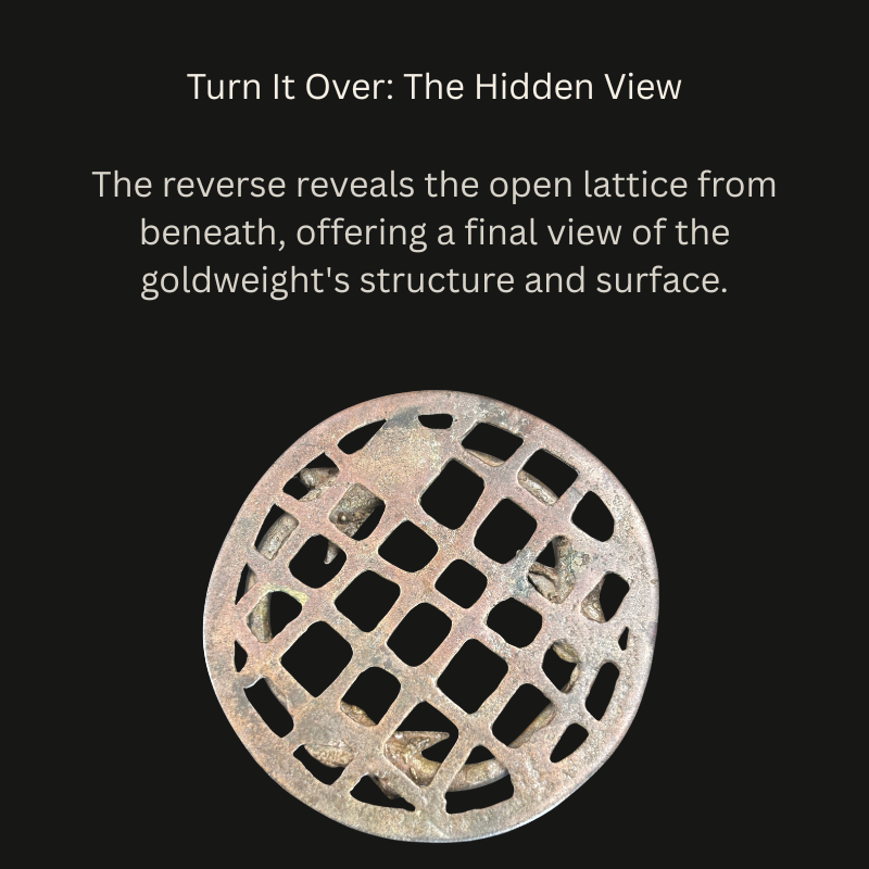 Reverse of an Akan brass three-fish openwork object from Ghana, showing an irregular square lattice, circular rim and portions of the fish visible through the openings.