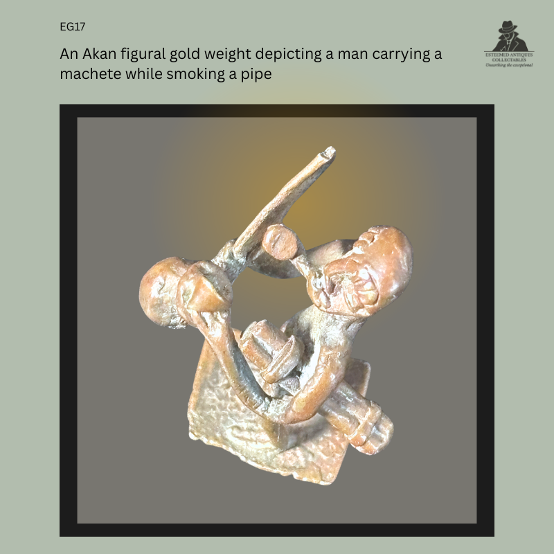 Akan lost-wax cast brass figural gold weight depicting a seated man carrying a machete across his shoulders while smoking a long pipe, Ghana, probably 19th century, from the Egon Guenther Collection.