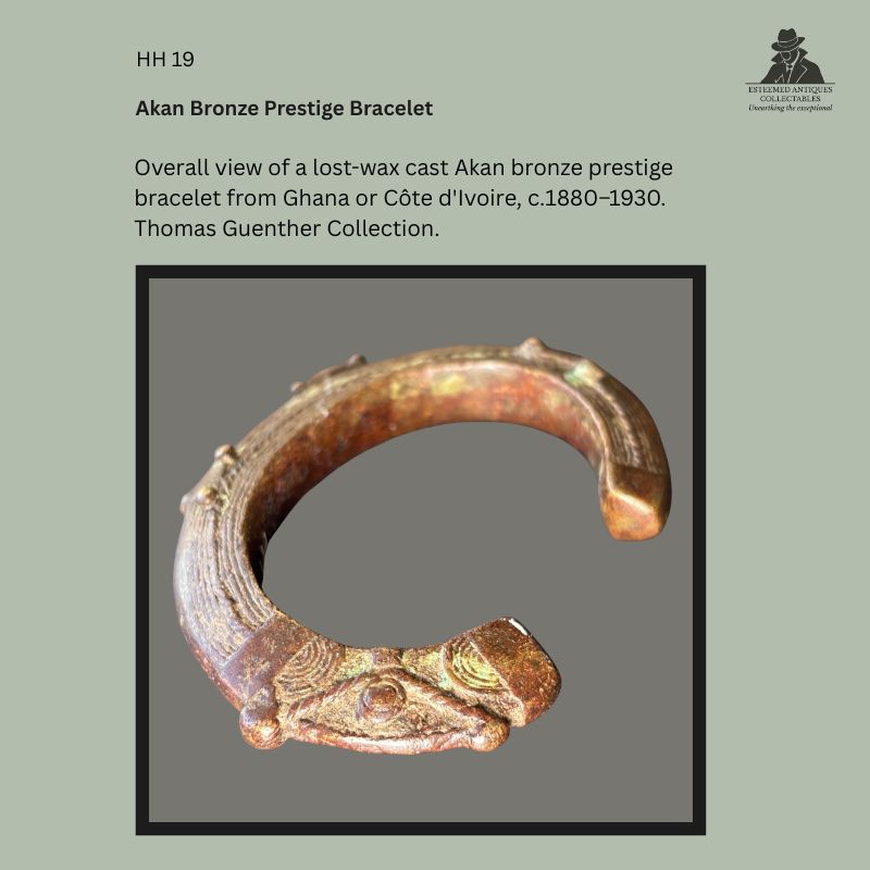 Overall view of a lost-wax cast Akan bronze prestige bracelet attributed to Ghana or Côte d'Ivoire, showing the circular open form, raised decorative bosses and aged patina, from the Thomas Guenther Collection.