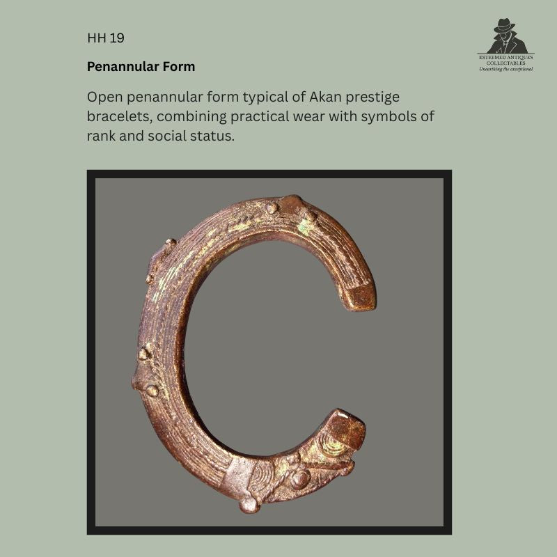 Penannular Akan prestige bracelet in cast copper-brass alloy from Ghana or the Côte d'Ivoire cultural sphere, shown with its open circular form, raised decorative bosses and aged surface patina, from the Hans Himmelheber Collection.
