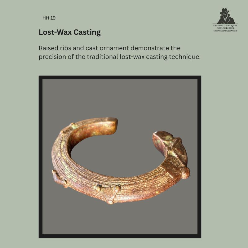 Detail view of an Akan prestige bracelet in copper-brass alloy showing the raised ribs and cast ornament created using the traditional lost-wax casting technique, Ghana or Côte d'Ivoire, early 20th century, Hans Himmelheber provenance.