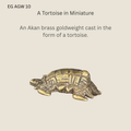 Side view of an Akan copper-alloy goldweight from Ghana, cast as a tortoise with a patterned shell, against a pale background. The panel is titled “A Tortoise in Miniature” and marked EG AGW 10.
