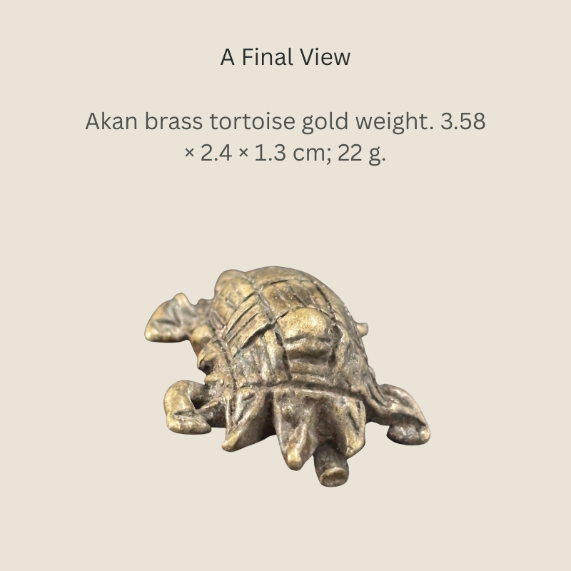 Final view of an Akan copper-alloy tortoise goldweight showing its patterned shell, head and four legs. The panel states its measurements as 3.58 × 2.4 × 1.3 cm and weight as 22 g.