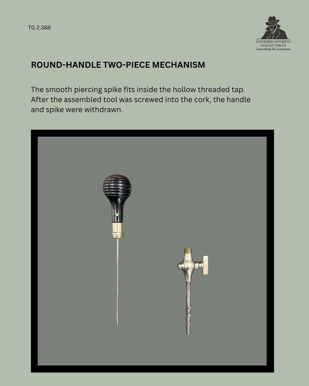 Disassembled TG 2.38B English champagne tap showing the round wooden handle with smooth piercing spike beside the hollow threaded nickel-plated brass tap mechanism.