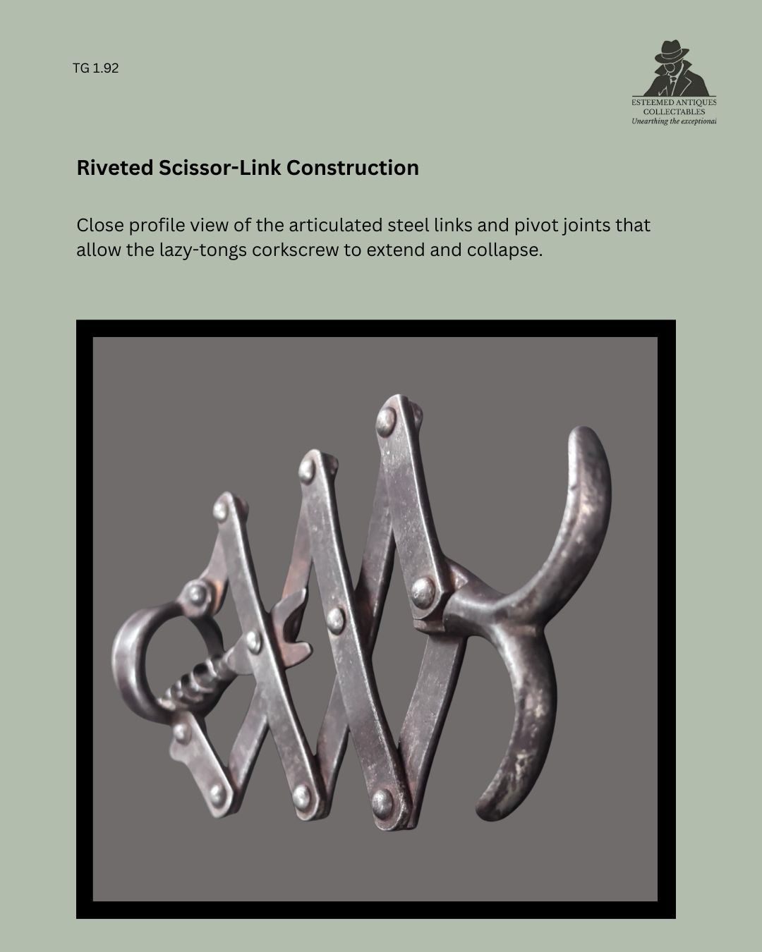 Close profile view of the antique lazy-tongs corkscrew showing its articulated steel scissor links, riveted pivot joints and folding mechanism in the extended position.