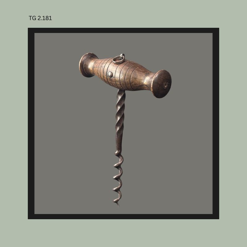 Antique wooden T-handle corkscrew with turned wooden grip, spiral steel shaft, and hand-formed helical worm, shown with suspension ring and dark patinated metal construction.