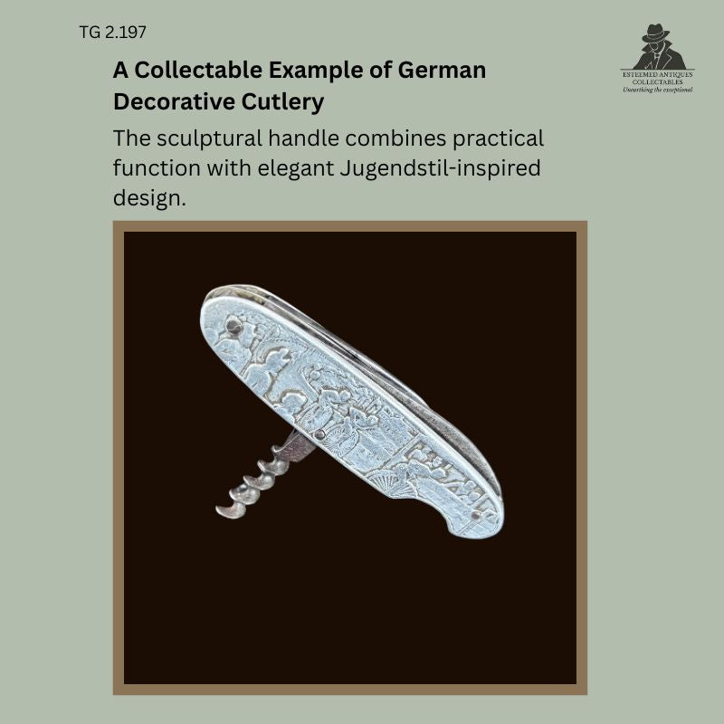 German Art Nouveau gentleman's pocket knife with integrated steel corkscrew, featuring an embossed aluminium handle decorated with Jugendstil-inspired motifs and marked "Gesetzlich geschützt", dating to approximately 1900–1925, from the Thomas Guenther Collection.