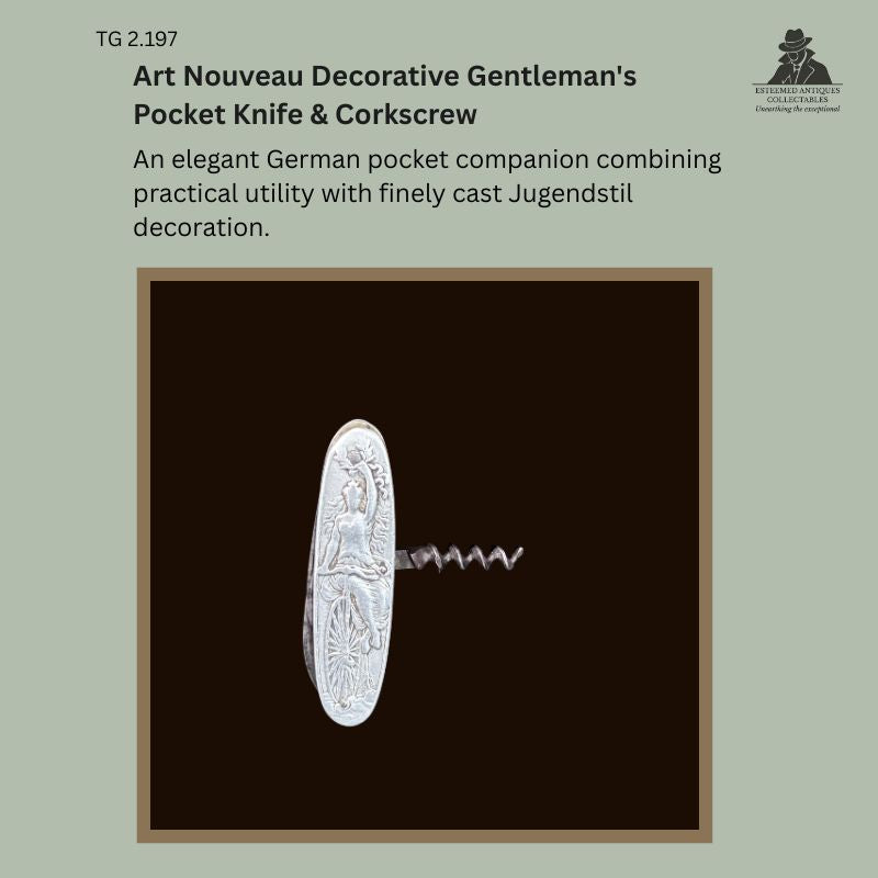 German Art Nouveau gentleman's pocket knife with integrated steel corkscrew, featuring an embossed Jugendstil female figure on an oval aluminium handle, marked Gesetzlich geschützt, circa 1900–1925, from the Thomas Guenther Collection.
