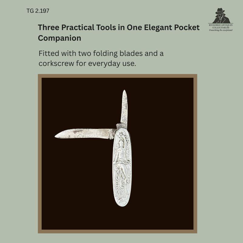 Art Nouveau gentleman's pocket knife with embossed aluminium handle, displayed with both folding steel blades extended, illustrating the decorative handle design and multi-tool construction from Germany, circa 1900–1925, Thomas Guenther Collection.