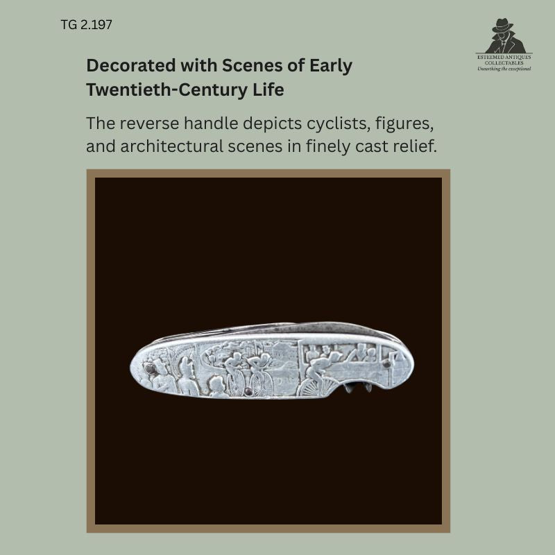 Reverse side of an Art Nouveau gentleman's pocket knife with integrated corkscrew, showing finely cast aluminium handle decoration depicting cyclists, figures, and architectural scenes from early twentieth-century life, Germany, circa 1900–1925, from the Thomas Guenther Collection.
