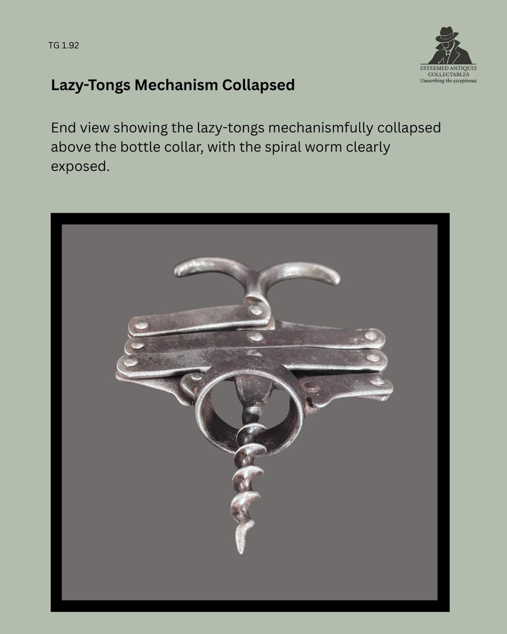 Collapsed view of an articulated zig-zag corkscrew, showing the compact folded metal linkage mechanism, handle and corkscrew worm.