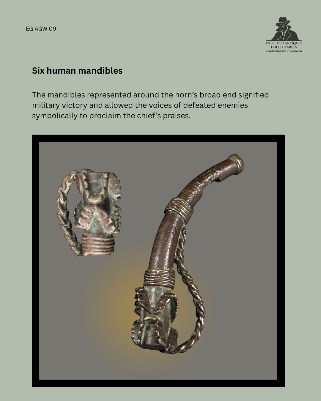 Catalogue panel illustrating an Asante lost-wax cast goldweight in the form of an ivory war horn encircled by six human mandibles, symbols associated with military victory and chiefly authority.