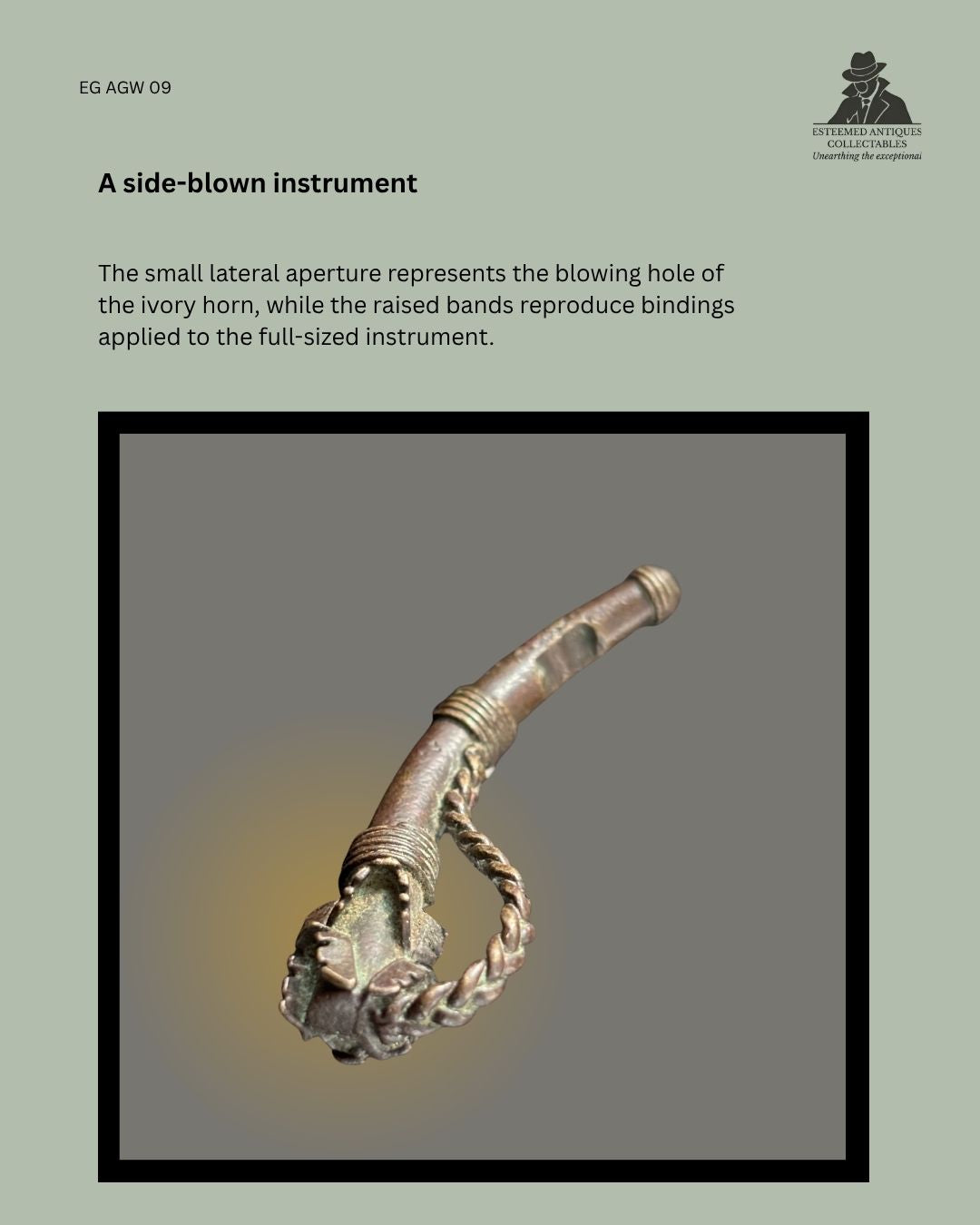 Catalogue panel showing an Asante lost-wax cast goldweight representing a side-blown ivory war horn, with a lateral blowing aperture, raised binding bands and six mandible motifs.