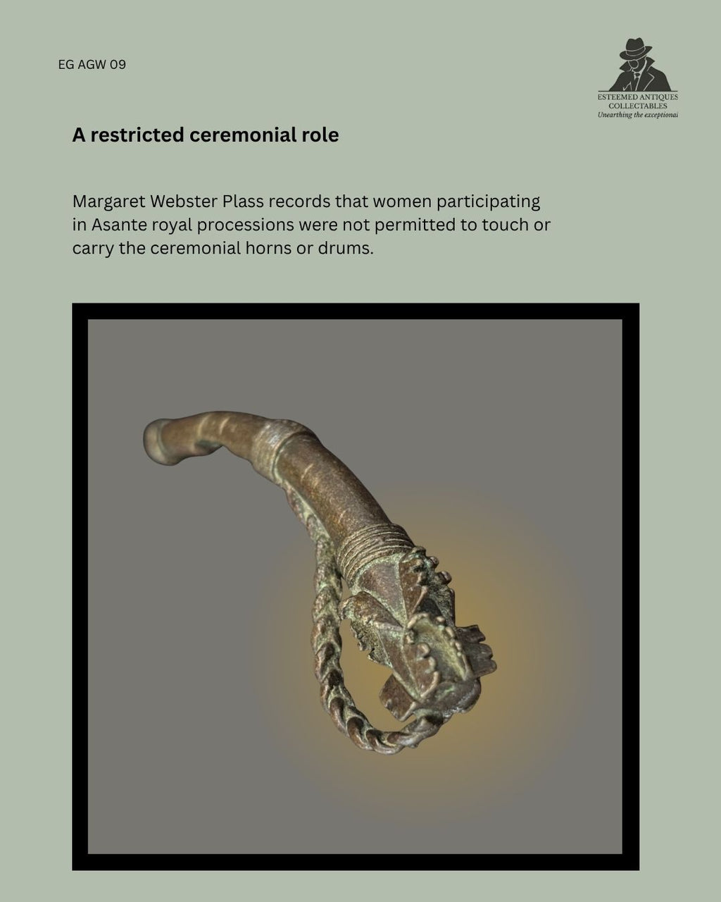Catalogue panel showing an Asante lost-wax cast gold weight representing an ivory war horn with six mandibles, accompanied by text explaining its restricted ceremonial role in royal processions.