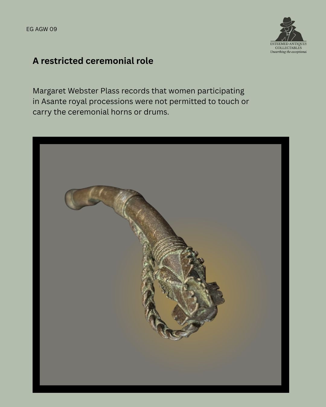 Catalogue panel showing an Asante lost-wax cast gold weight representing an ivory war horn with six mandibles, accompanied by text explaining its restricted ceremonial role in royal processions.