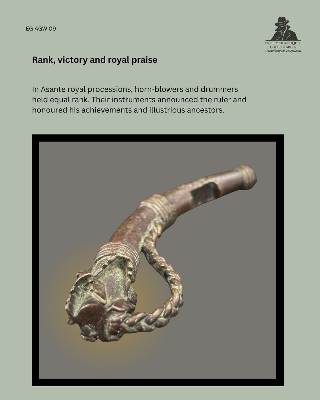 Catalogue panel showing Asante gold weight EG AGW 09, a lost-wax cast representation of an ivory war horn with six mandibles, symbolising rank, victory and royal praise in Ghanaian court processions.