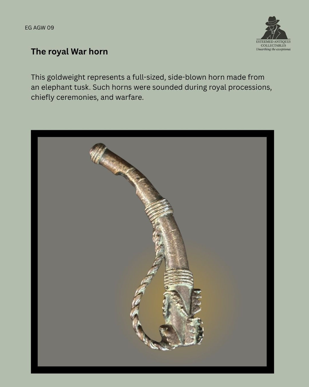 Catalogue panel showing an Asante lost-wax cast goldweight representing a side-blown royal ivory war horn with six mandibles, from the Egon Guenther Collection.