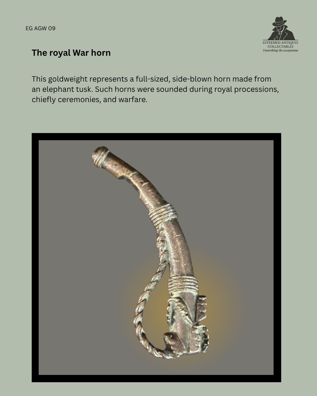 Catalogue panel showing an Asante lost-wax cast goldweight representing a side-blown royal ivory war horn with six mandibles, from the Egon Guenther Collection.